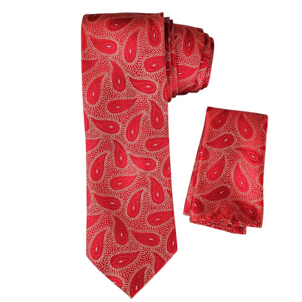 St. Patrick Red Paisley Necktie Tie Square Pocket Hanky Set Men's Holiday Formal